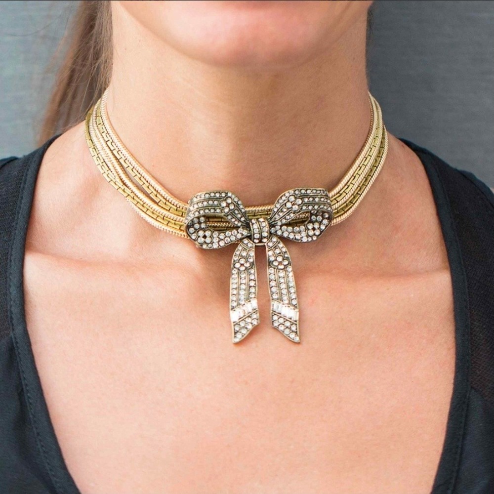 Starry Ribbon Statement Choker Necklace Crystal Bow Multi Strand Romantic